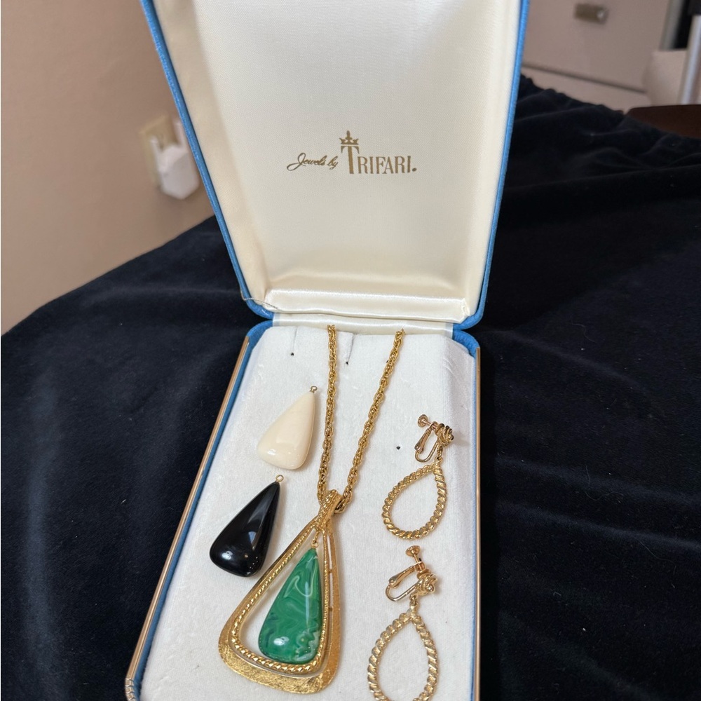 Trifari Gold Necklace with Green and Black Pendant